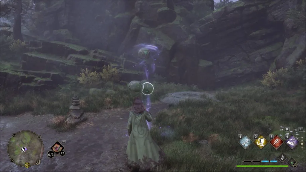 A screenshot of a character performing magic during the ball pile Merlin Trial.