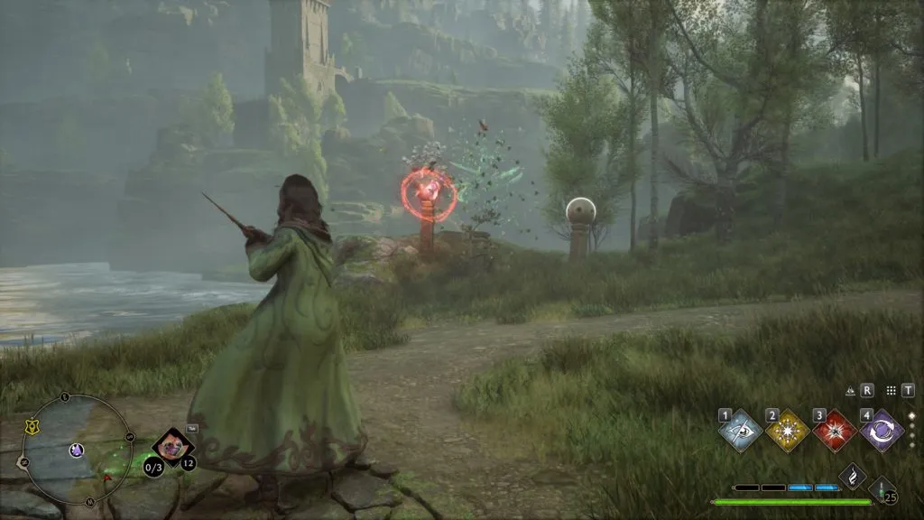 A screenshot of a character performing magic during the ball pillars Merlin Trial.