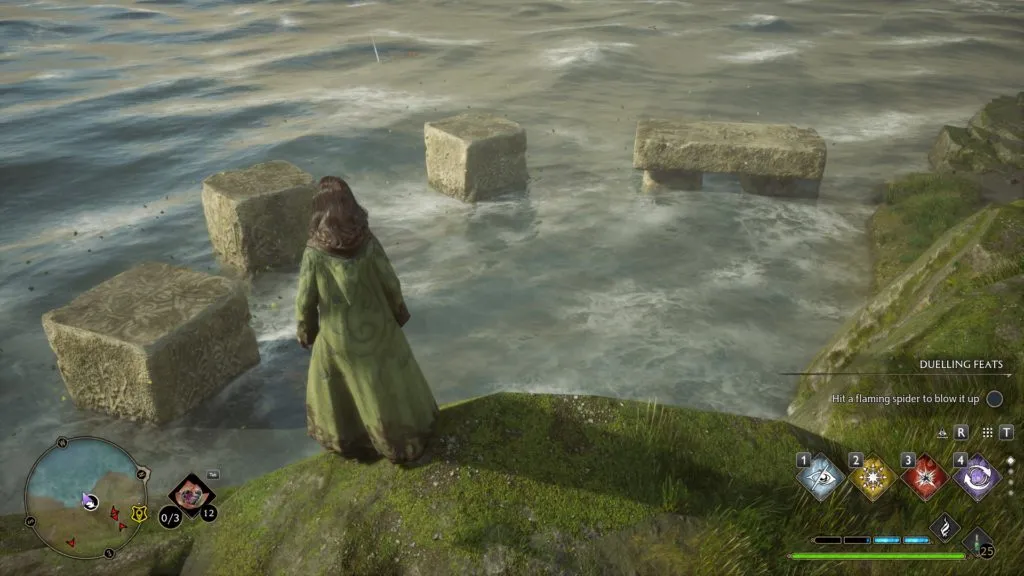 A screenshot of a character standing near the stones pillar parkour Merlin Trial.